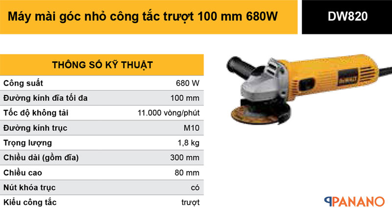 Thông số kĩ thuật máy mài góc DW820