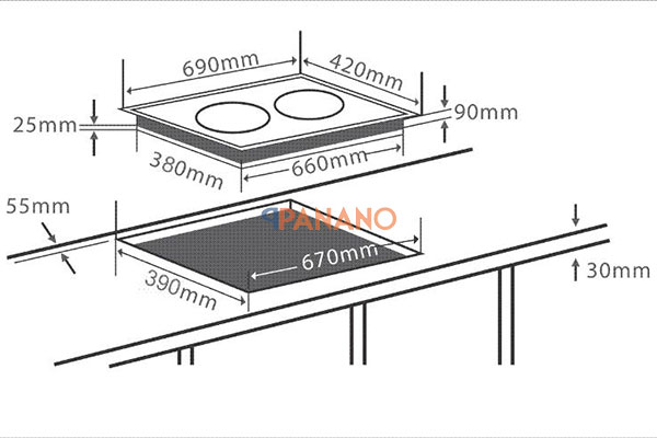 Kích thước lắp đặt bếp hồng ngoại đôi Chefs EH-DHL2000A