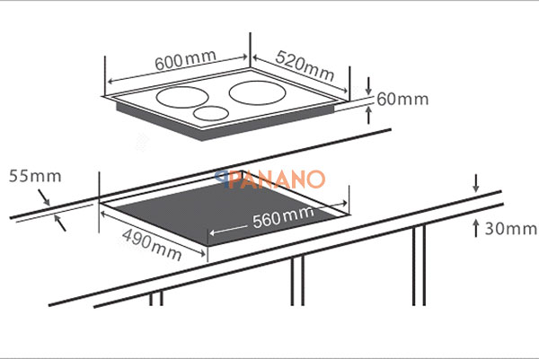 Chi tiết kích thước bếp và kích thước lắp đặt bếp từ EH-IH535