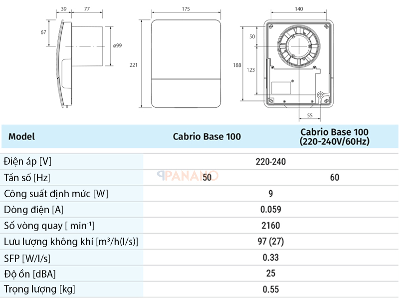 Thông số quạt hút Blaugerg Cabrio 100