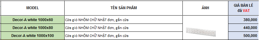 Bảng giá cửa gió chữ nhật đơn Decor-A