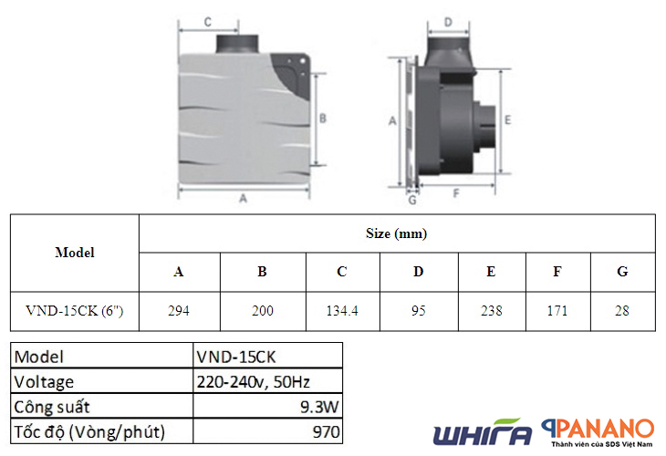 Kích thước quạt thông gió âm trần Whifa VND-15CK