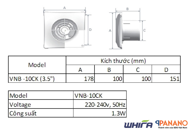 Kích thươc quạt thông gió âm tường Whifa VNB-10CK 