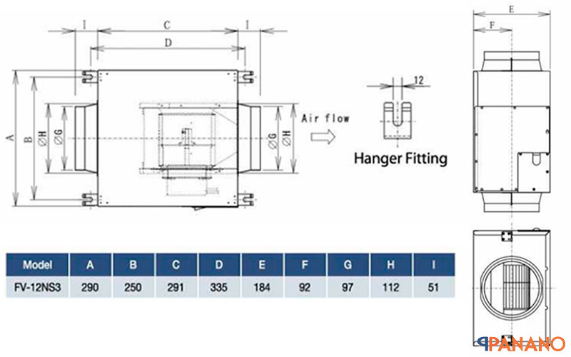 kích thước lắp đặt quạt cấp khí tươi Panasonic FV-12NS3