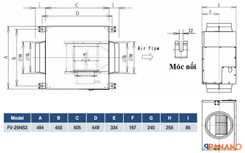 bản vẽ lắp đặt quạt cấp khí tươi Panasonic FV-25NS3