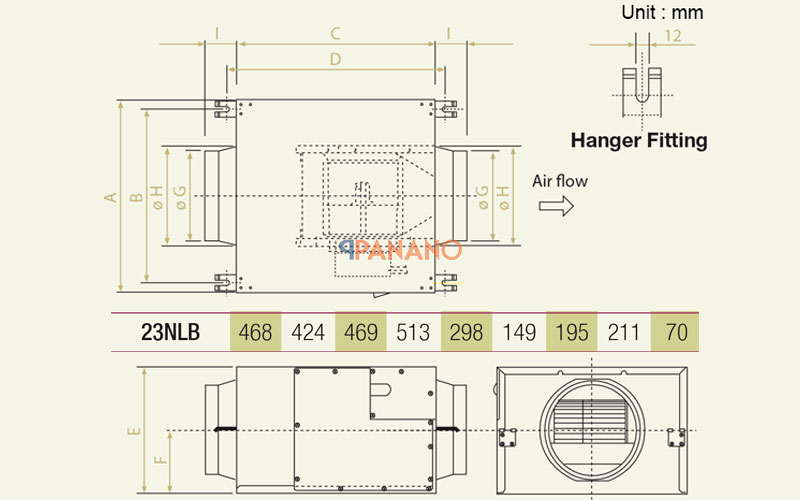 kích thước quạt cấp khí tươi KDK 23NLB