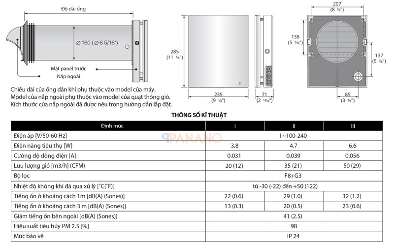 Thông số kỹ thuật quạt cấp khí tươi hồi nhiệt Fresher 50