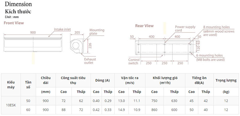 Thông sỗ kĩ thuật quạt cắt gió KDK 10ESK