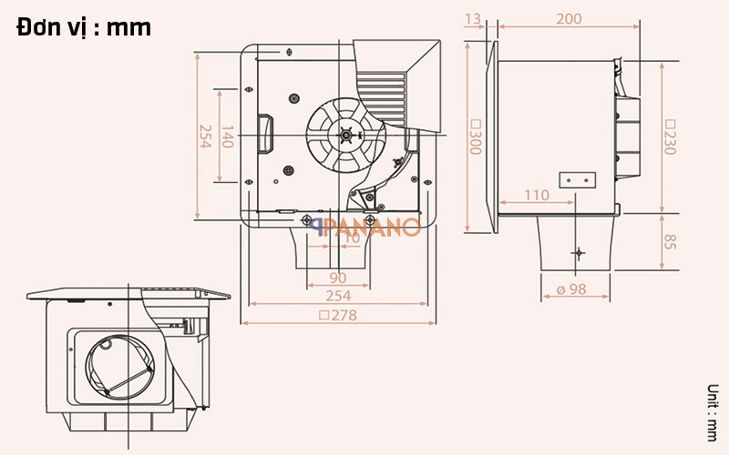 Kích thước quạt hút mùi âm trần KDK 24CHF