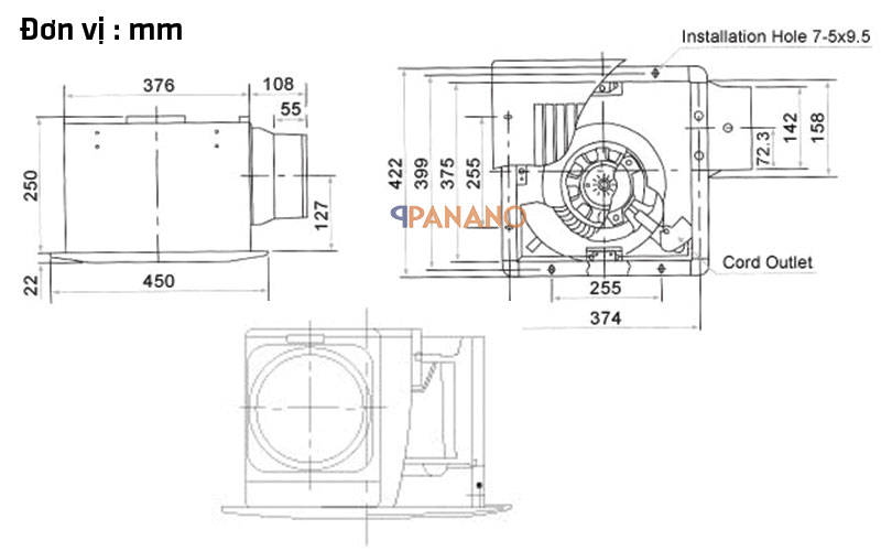 Kích thước  quạt hút âm trần KDK 38CHG