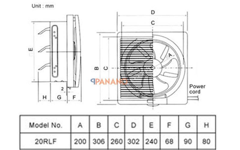 Kích thước quạt thông gió KDK 20RLF (có lưới)