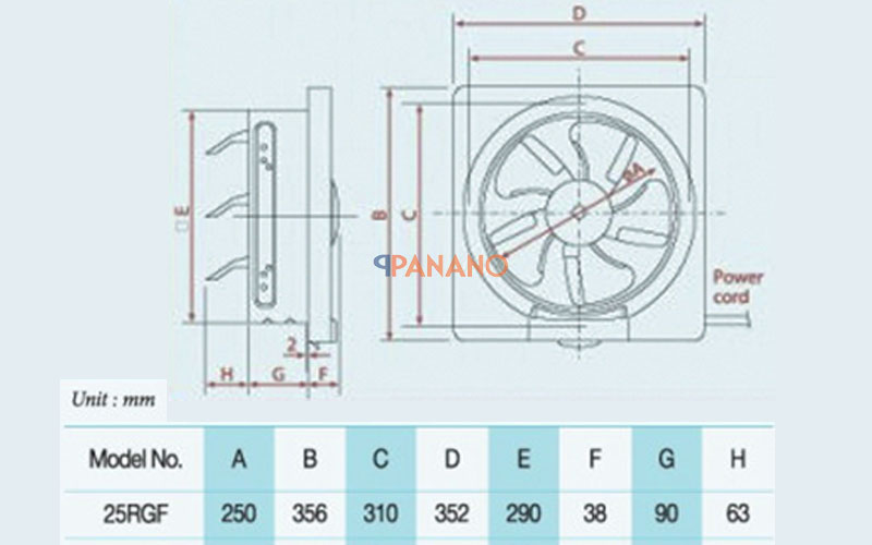  Kích thước quạt thông gió 2 chiều KDK 25RGF