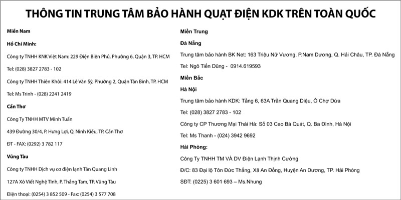 Các trung tâm bảo hanh KDK trên toàn quốc 