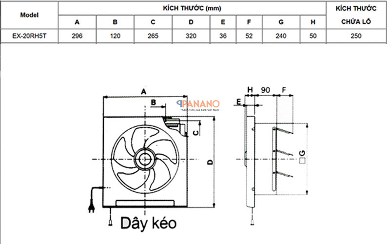 Chi tiết kích thước quạt thông gió Mitsubishi EX-20RH5T