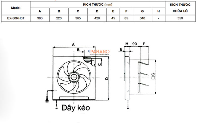 Kích thước quạt thông gió 2 chiều Mitsubishi EX-30RH5T