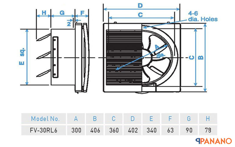 Chi tiết kích thước quạt thông gió Panasonic FV-30RL6