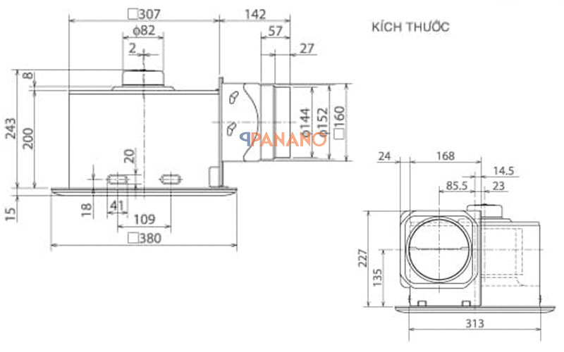 Kích thước chi tiết quạt thông gió Mitsubishi VD-20Z4T3