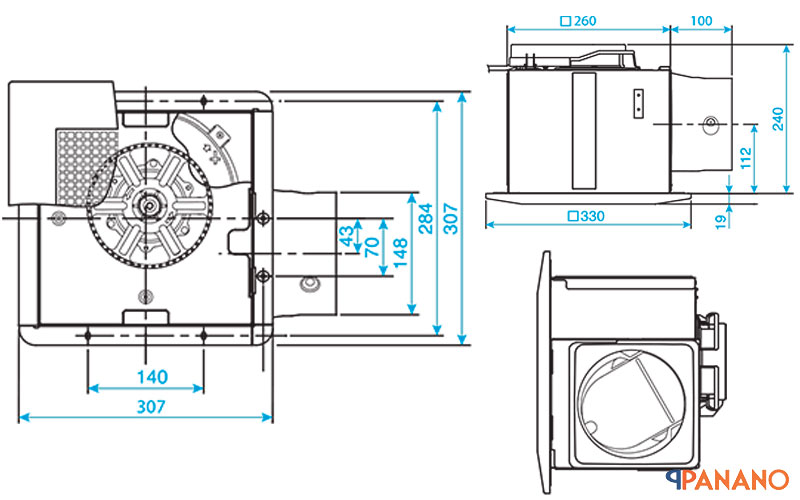 Chi tiết kích thước quạt hút âm trần Panasonic FV-27CH9