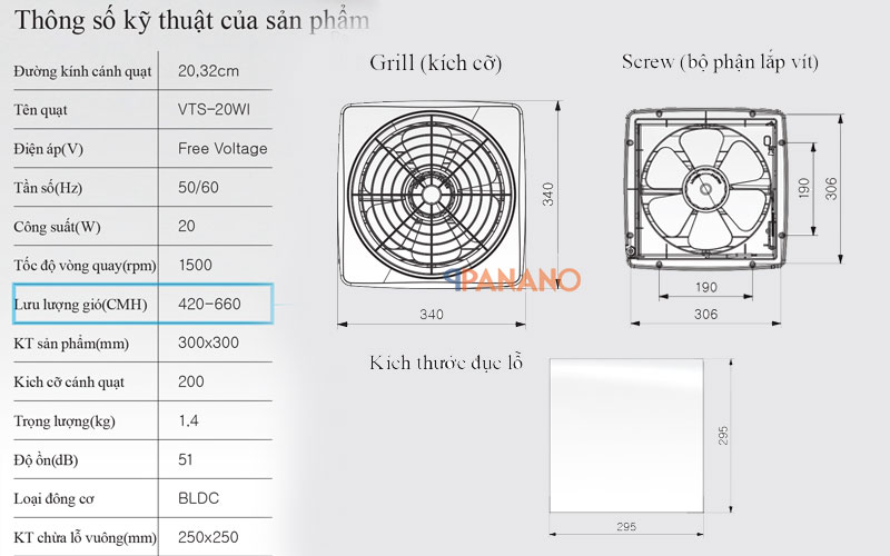 Quạt thông gió và kích thước quạt thông gió Whifa VTS-20WI(A)