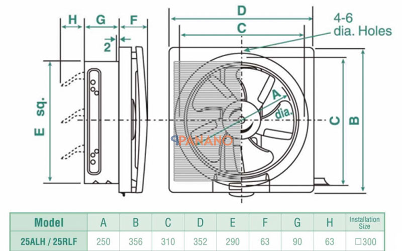 Kích thước quạt gắn tường KDK 25ALH