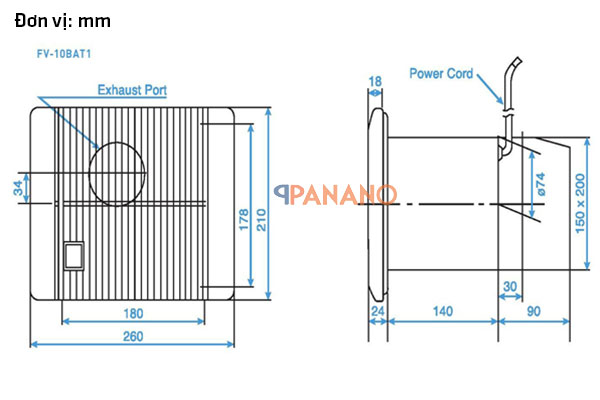 Chi tiết thông số quạt hút thông gió Panasonic FV-10BAT1