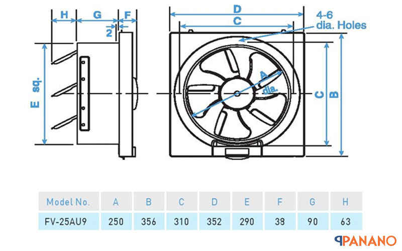 Chi tiết kích thước quạt thông gió ốp tường Panasonic FV-25AU9