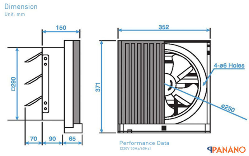 Chi tiết kích thước và thông số quạt hút bếp Panasonic FV-25AUF1
