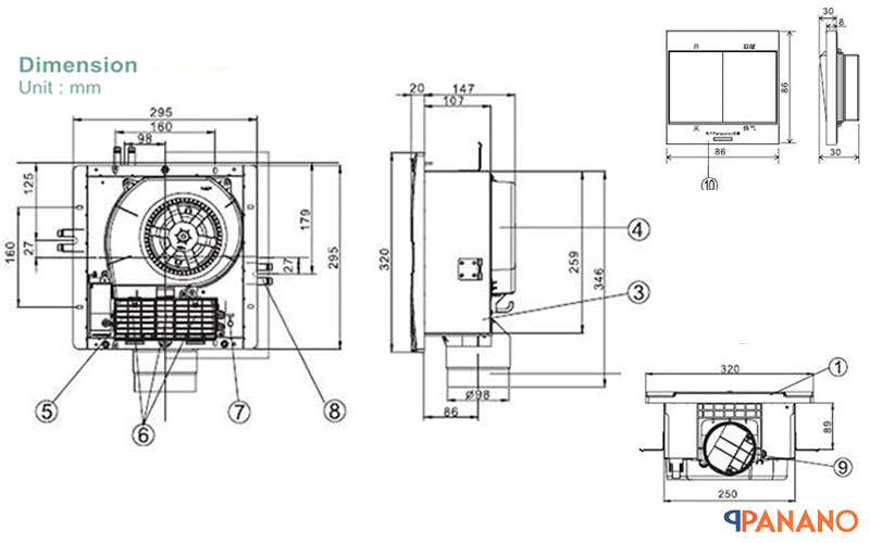 Kích thước chi tiết của quạt thông gió Panasonic FV-27BV1