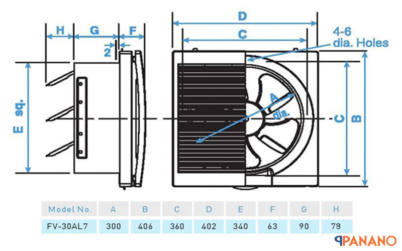 Chi tiết kích thước quạt thông gió Panasonic FV-30AL7