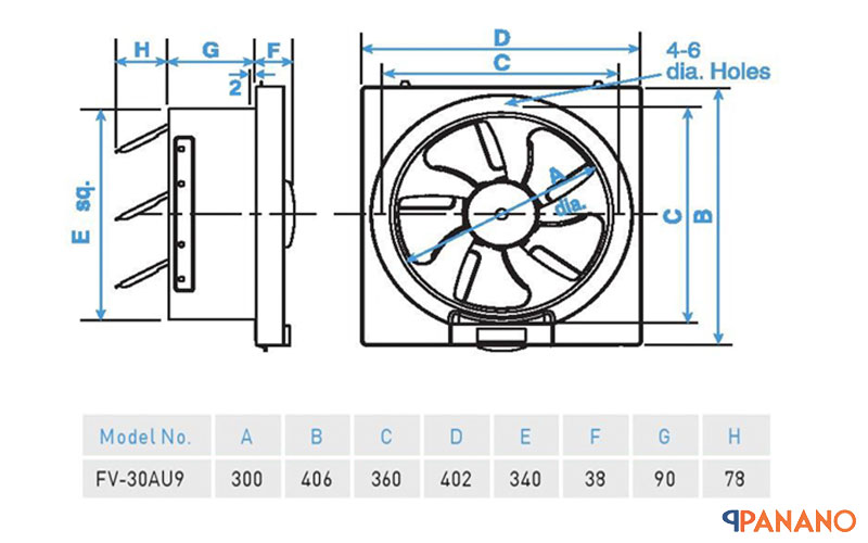 Chi tiết kích thước quạt thông gió Panasonic FV-30AU9