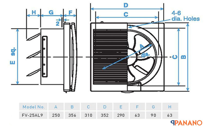Kích thước và cấu tạo quạt thông gió Panasonic FV-25AL9