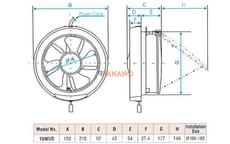  Kích thước quạt thông gió gắn kiếng KDK 15WUD