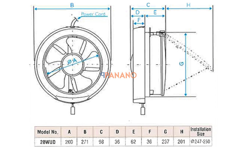 Kích thước quạt thông gió gắn kiếng KDK 20WUD