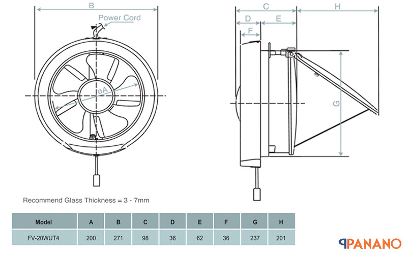 Chi tiết kích thước quạt hút ốp vách kính Panasonic FV-20WU4