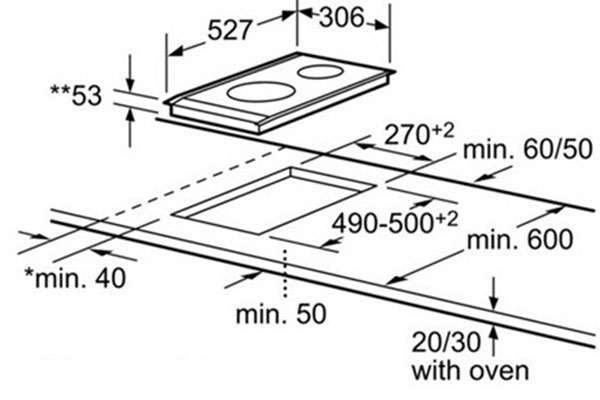 Kích thước lắp đặt bếp từ Bosch PIE375N14E