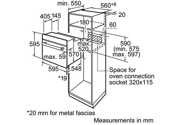 Kích thước lắp đặt lò nướng Bosch HBA13B254A