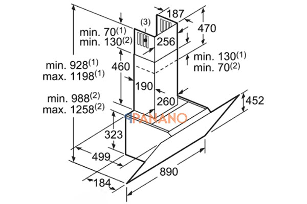 bản vẽ kích thước lắp đặt máy hút mùi bosch DWK97JQ60B