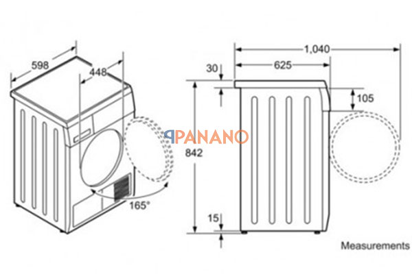Kích thước chi tiêt máy sấy quần áo Bosch WTE84105GB
